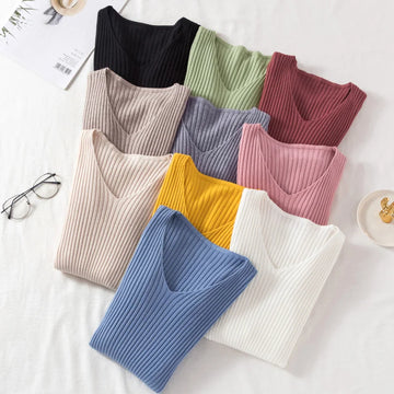 Autumn Winter Women Sweaters Casual Long Sleeve Knitted V Neck Pullover Sweater Femme Basic Solid Jersey
