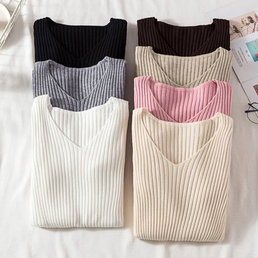 Autumn Winter Women Sweaters Casual Long Sleeve Knitted V Neck Pullover Sweater Femme Basic Solid Jersey